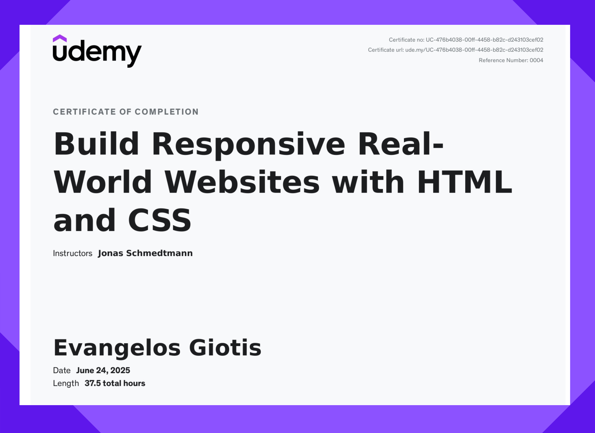 Giotis Evangelos Certification HTML-CSS & bulid responsive website course