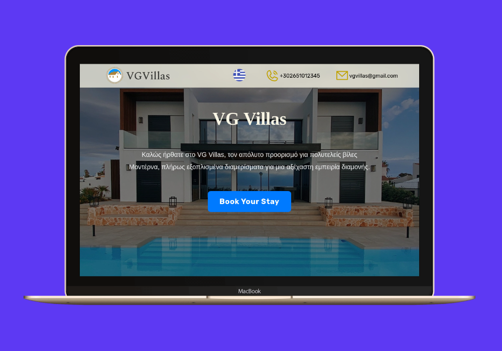 VGVillas website, Σύγχρονη τουριστική ιστοσελίδα για ξενοδοχεία και καταλύματα